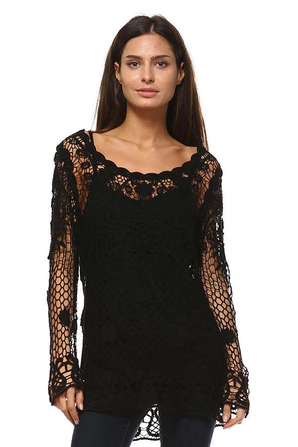 100% Cotton Long Sleeve Crochet Tunic Top with Lining - Black